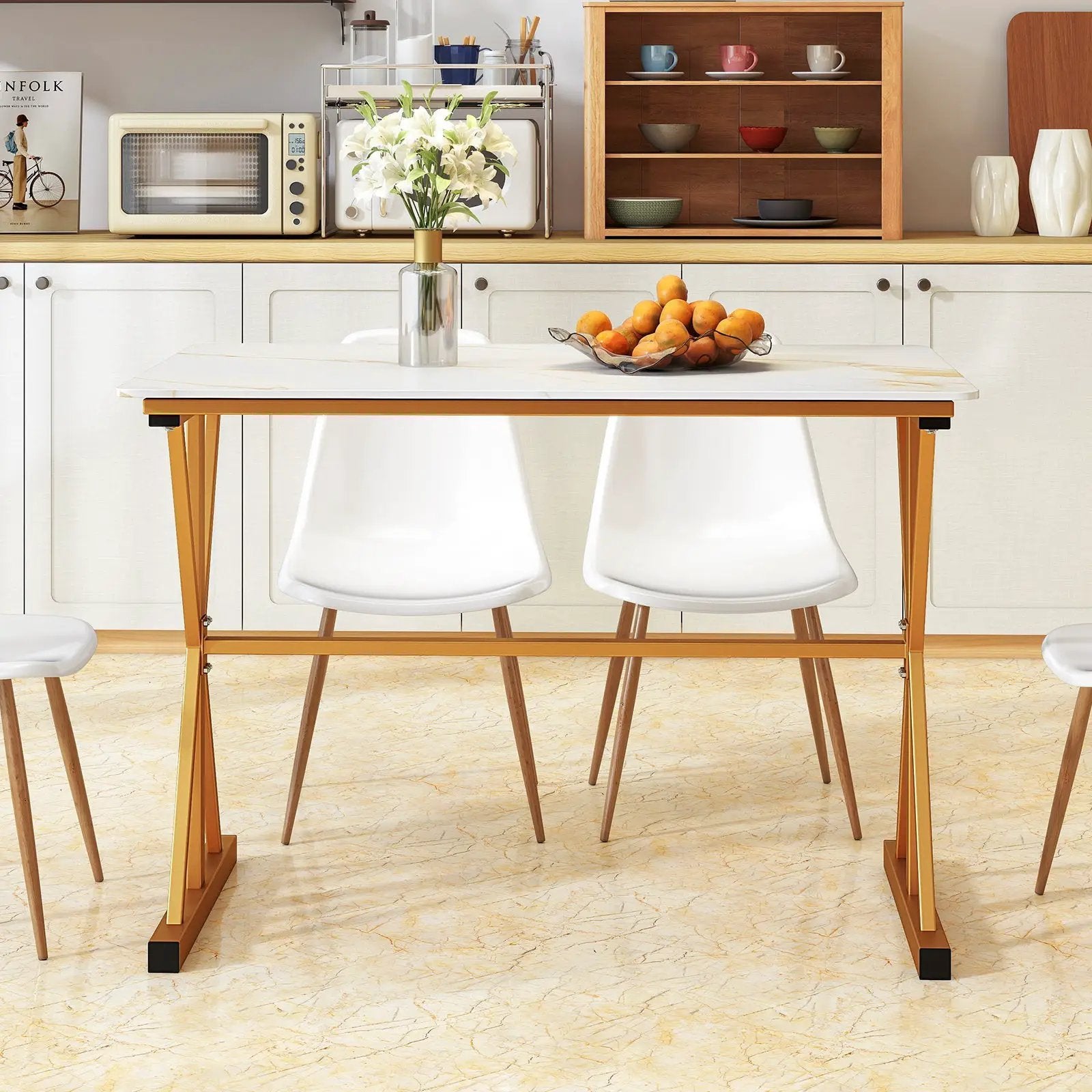 44 Inches Sintered Stone Dining Table with Metal Frame and Faux Marble Tabletop-White by DirectDeals