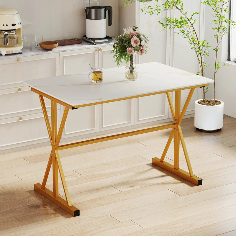 44 Inches Sintered Stone Dining Table with Metal Frame and Faux Marble Tabletop-White by DirectDeals