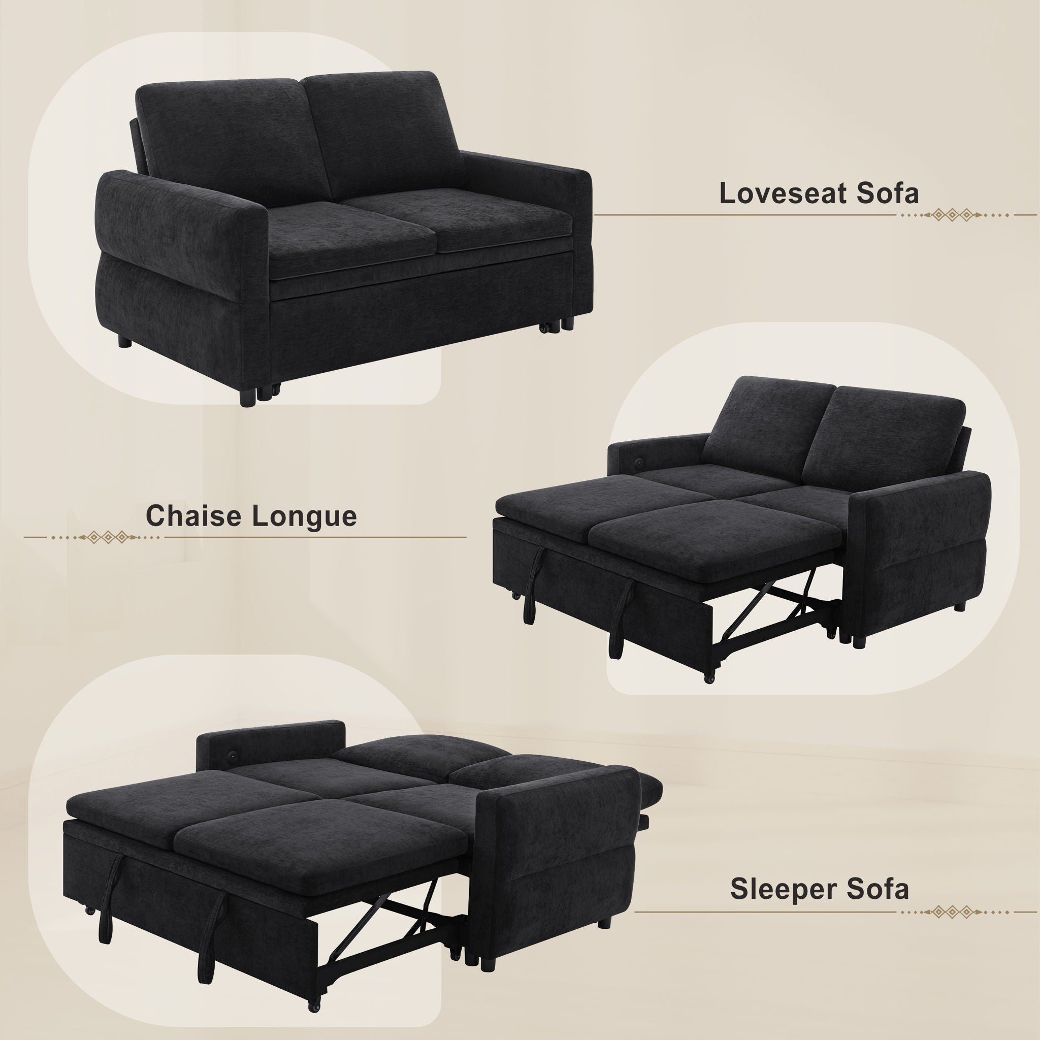 Convertible Sofa Bed Loveseat With Adjustable Backrest And USB Ports by HouseOfZazla