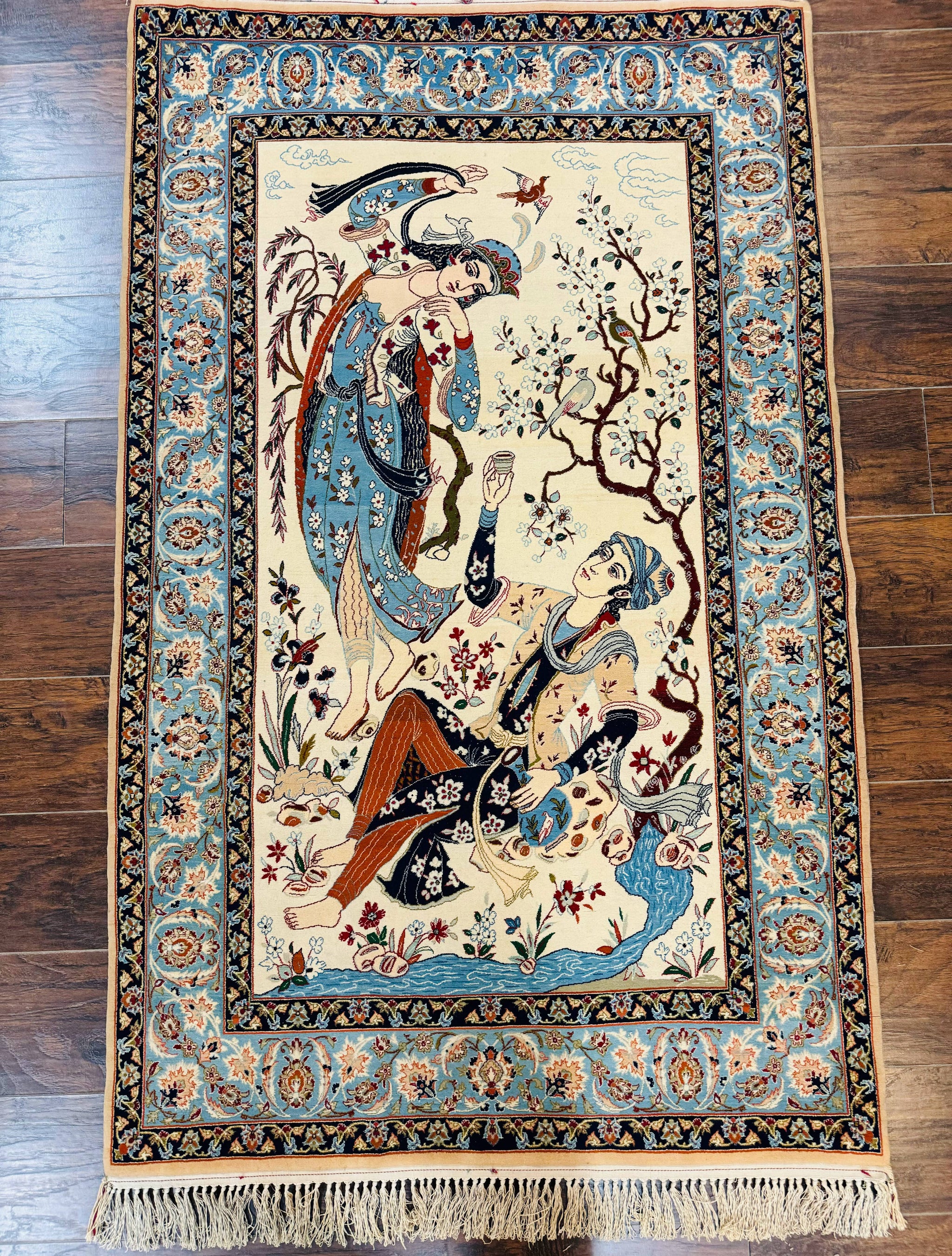Persian Isfahan Pictorial Rug, Two Lovers, Kork Wool on Silk Foundation, Ivory and Light Blue, 500 KPSI Super Fine by Jewel Rugs