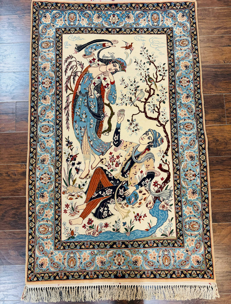 Persian Isfahan Pictorial Rug, Two Lovers, Kork Wool on Silk Foundation, Ivory and Light Blue, 500 KPSI Super Fine by Jewel Rugs