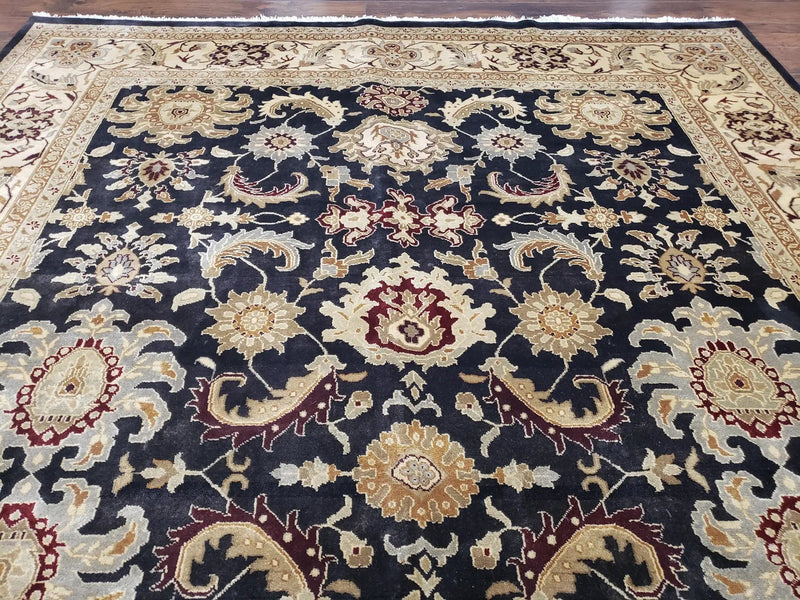 Indo Mahal Rug 8x12, Indian Sultanabad Handmade Area Rug, Vintage Hand-Knotted Wool Black Floral Traditional Oriental Dinning Room Rug by Jewel Rugs