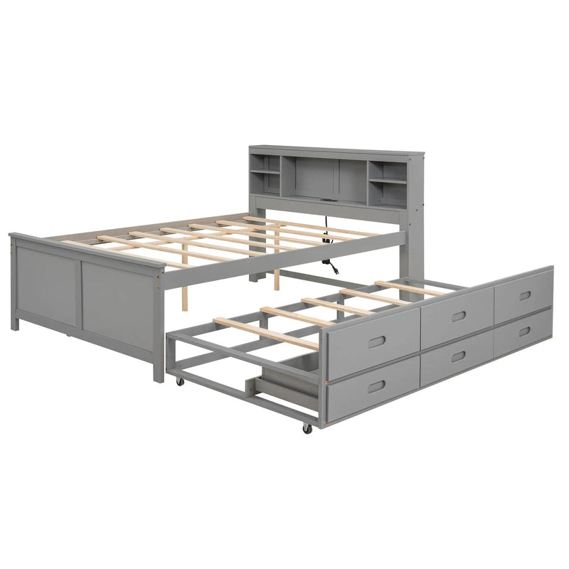 Platform Bed With Storage Headboard, USB, Trundle And 3 Drawers