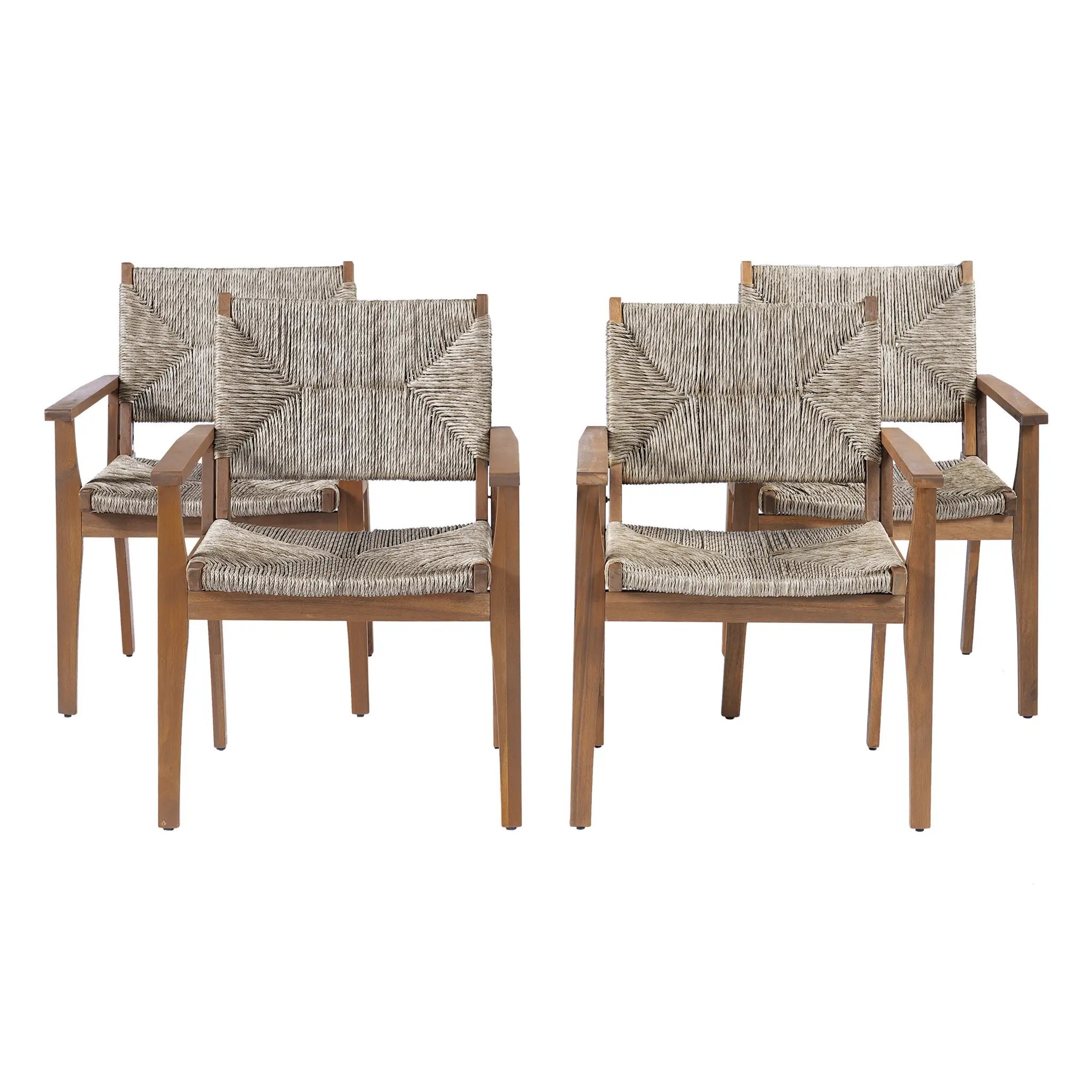 5-Piece Outdoor Dining Set: Brown Round Acacia Wood Table & 4 Brown Wicker Armchairs by HouseOfZazla