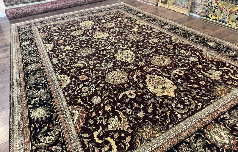 Indo Persian Rug 10x14, Floral Allover, Handmade Vintage Wool Rug, Dark Maroon/Plum and Black by Jewel Rugs