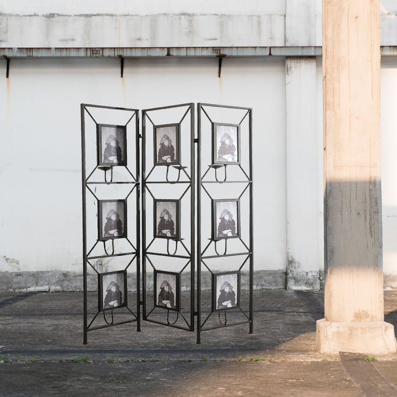 Black Room Divider with Photo Frames, Antique Mirror & Candlesticks - 71" Tall, photo 3 of 6