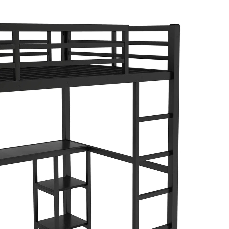 Full Size Loft Bed Frame with Built-in Wardrobe, Metal Loft Bed with Desk and Storage Shelves by HouseOfZazla