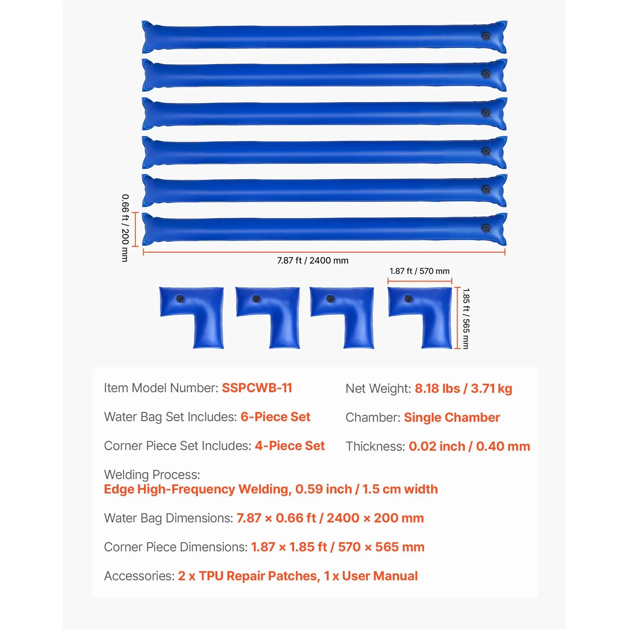 26 Gauge 6-Pack 4ft Single Chamber Pool Cover Water Bags with 4 Corner Water Tubes by HouseOfZazla