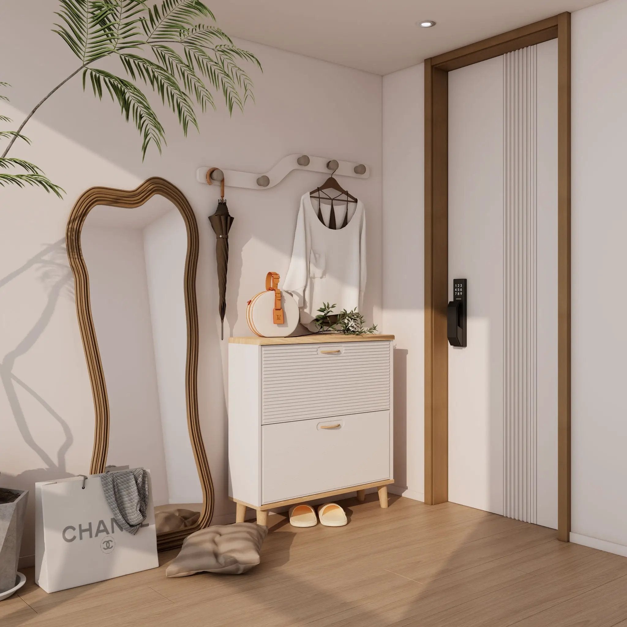 Narrow - Entryway Shoe Storage Cabinet With 2 Flip Drawers Legs - Natural / White by HouseOfZazla