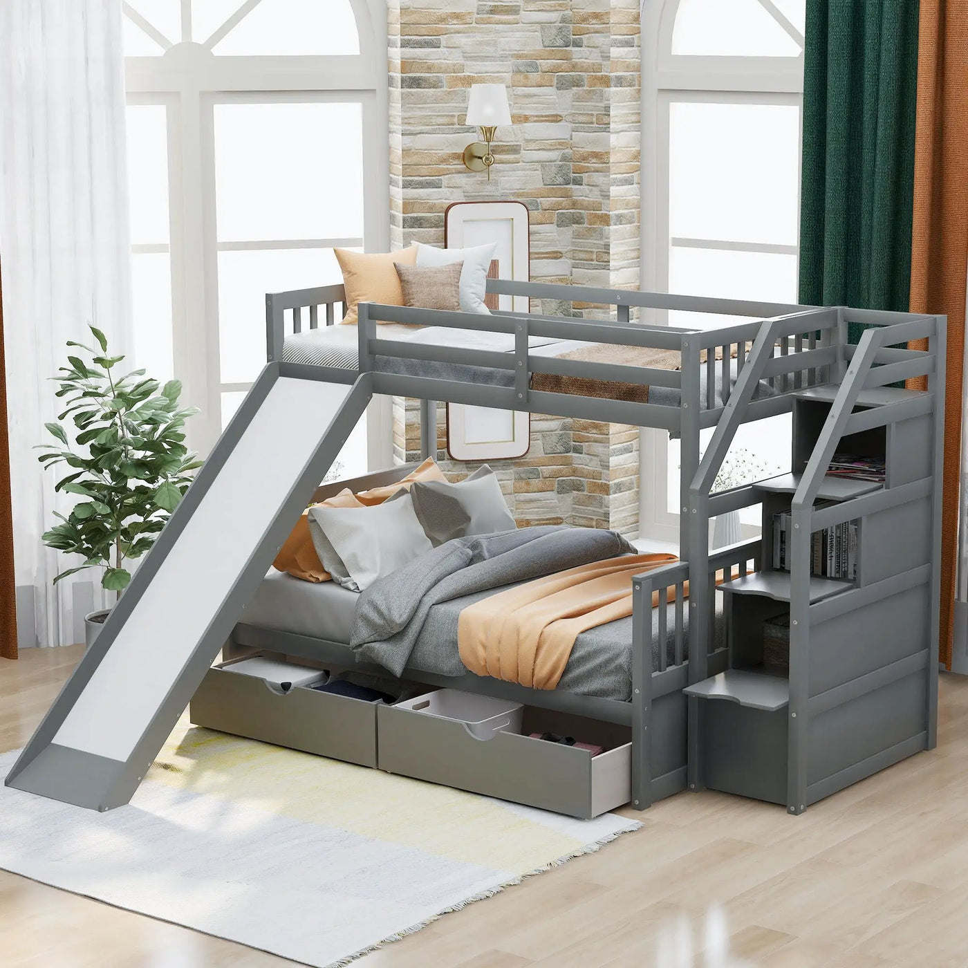 Bunk Bed With Storage Staircase, Slide, Desk, Drawers, And Shelves by HouseOfZazla