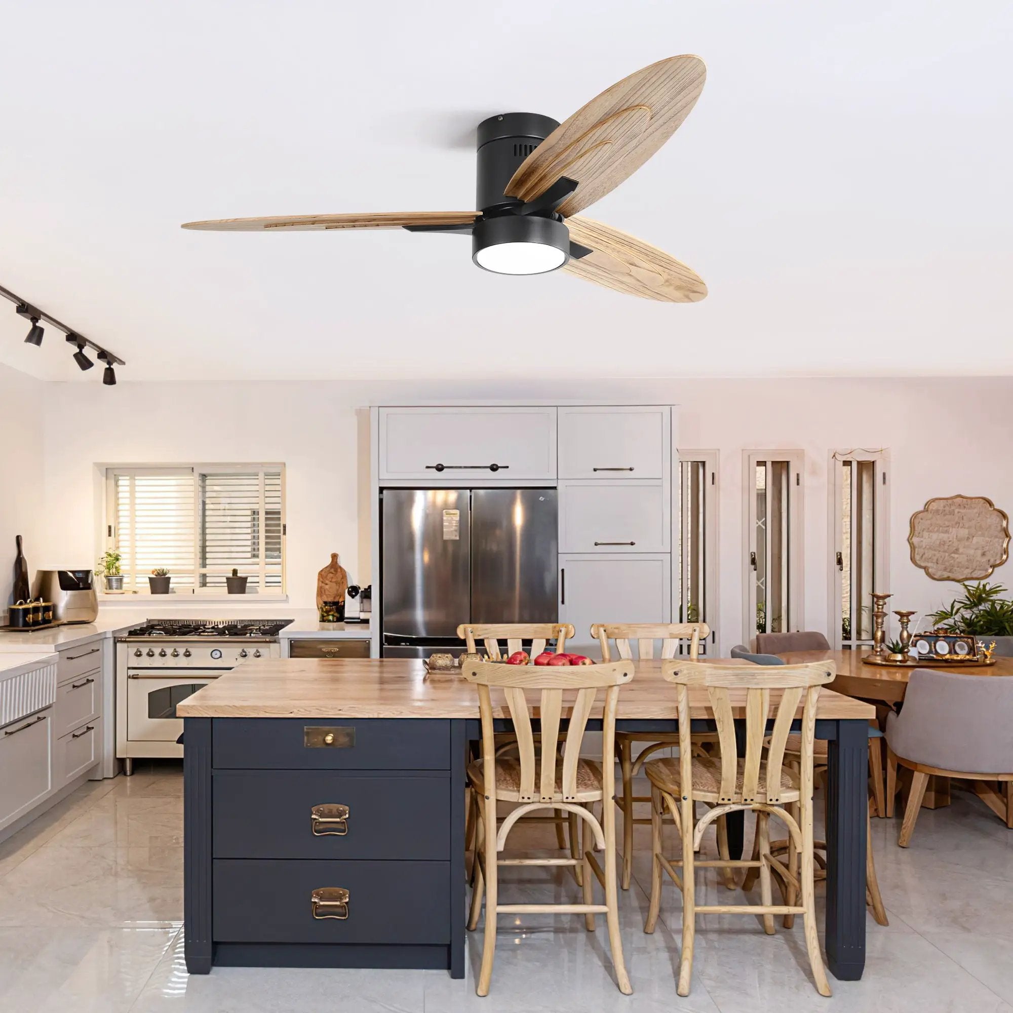 Flush Mount Ceiling Fan With Light And Remote Control, 3 Blades, Reversible DC Motor - Black by Unique Piece Furniture