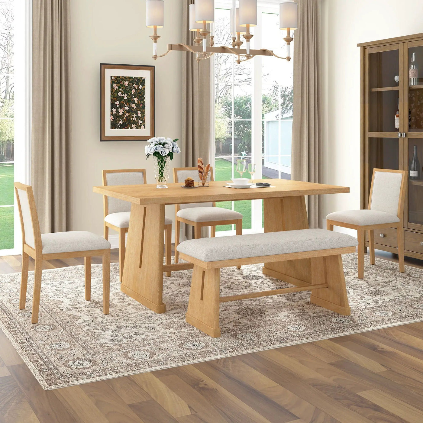Dining Set With Rectangular Table, 4 Upholstered Chairs & 1 Padded Bench by Unique Piece Furniture