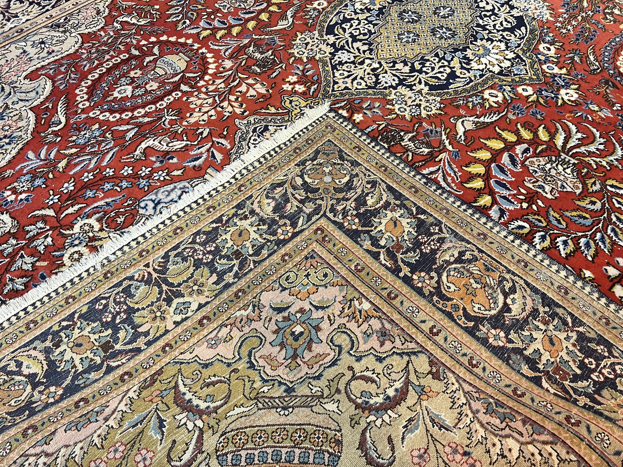 Wonderful Persian Qum Rug 10x14, Wool w/ Silk Highlights, Hand Knotted Semi Antique Vintage Carpet, Red, Floral, Fine Weave, Birds Deer Pictorials by Jewel Rugs