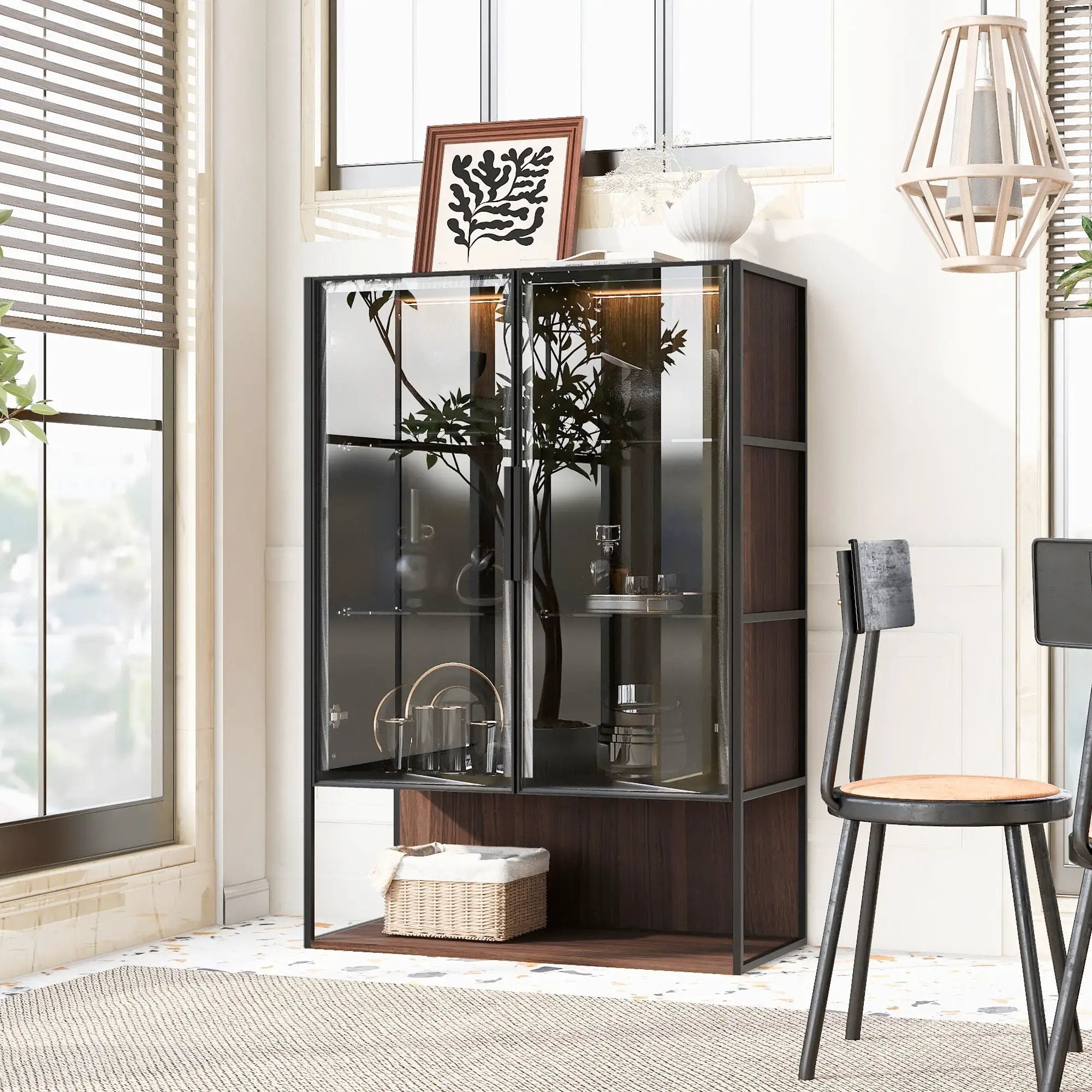 Modern Minimalist Tall Lighted Display Cabinet With Tempered Glass Door - Black / Dark Walnut by HouseOfZazla