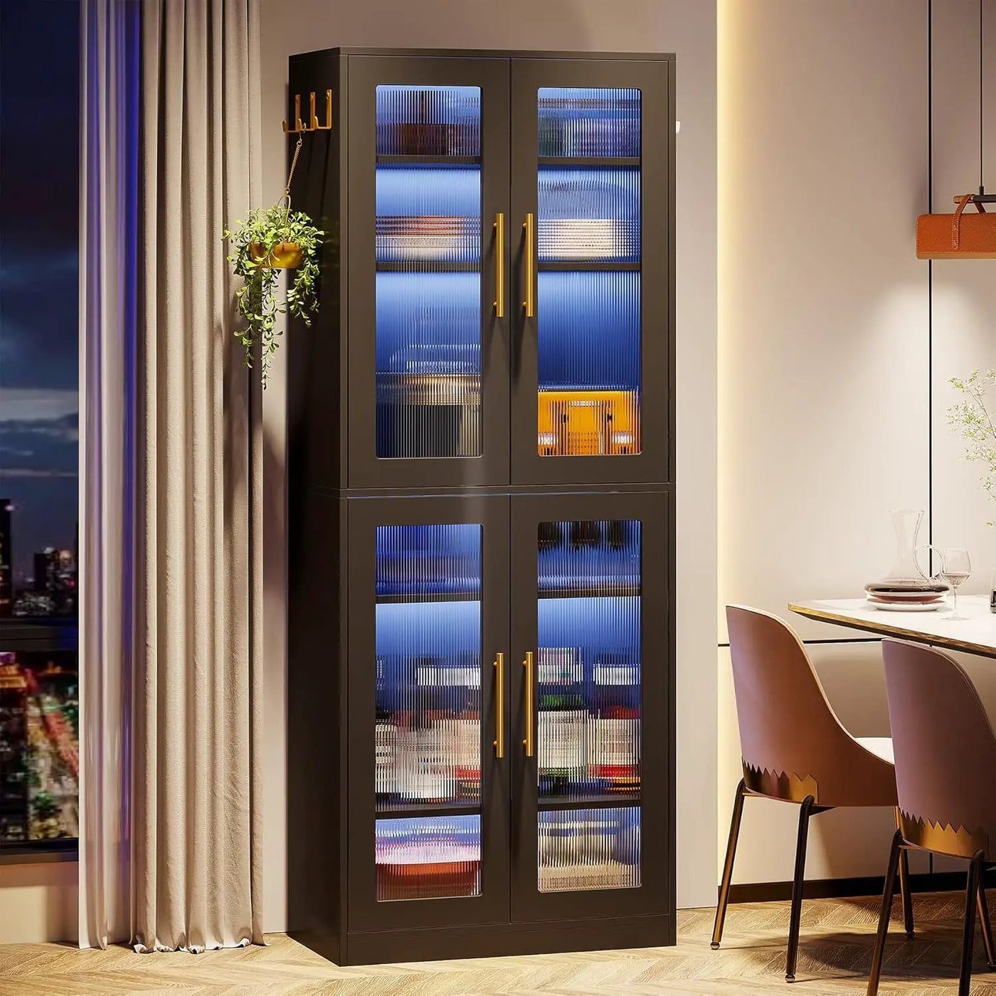 Bookcase With Doors And LED Lighting, 8 Adjustable Shelves Storage Cabinet by HouseOfZazla