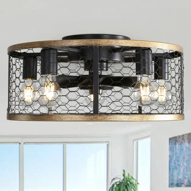 20" Industrial Caged Ceiling Fan, With 7 - ABS Blades Remote Control Reversible DC Motor, Small Flush Mount Ceiling Fan For Farmhouse - Black by HouseOfZazla