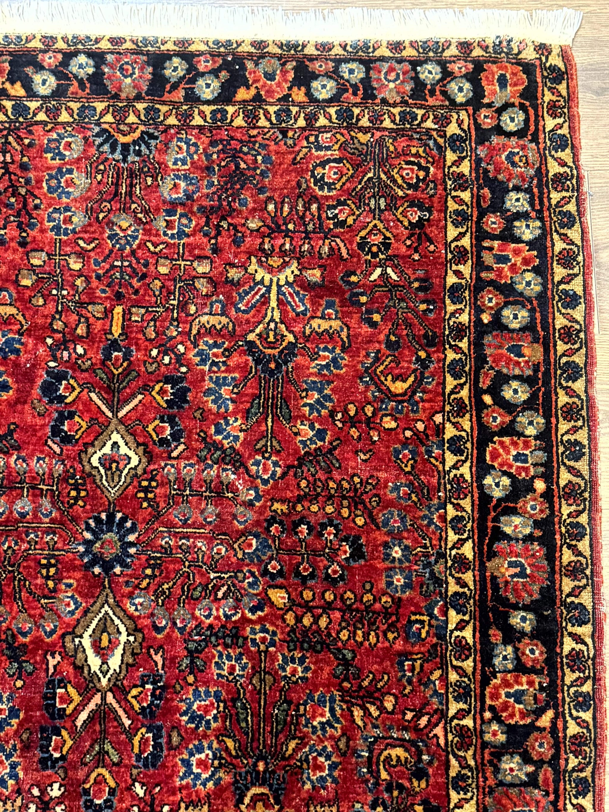 Antique Persian Sarouk Rug 3x4, Red, Floral, 1920s Wool Rug by Jewel Rugs