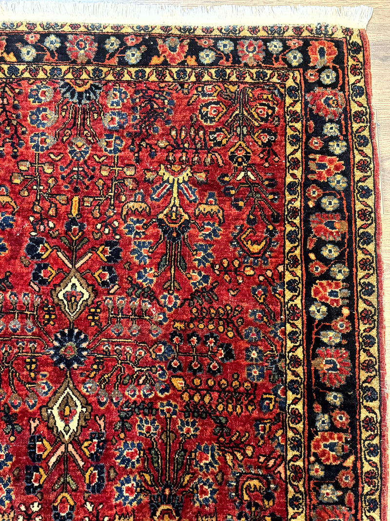 Antique Persian Sarouk Rug 3x4, Red, Floral, 1920s Wool Rug by Jewel Rugs