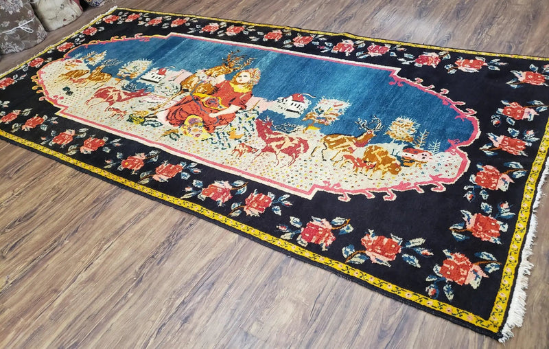 Antique Persian Pictorial Rug 4'6" x 9', Wool Hand-Knotted Blue Roses Karabagh Caucasian Carpet, 1920s Girl Deer Tapestry Wall Hanging Rug by Jewel Rugs