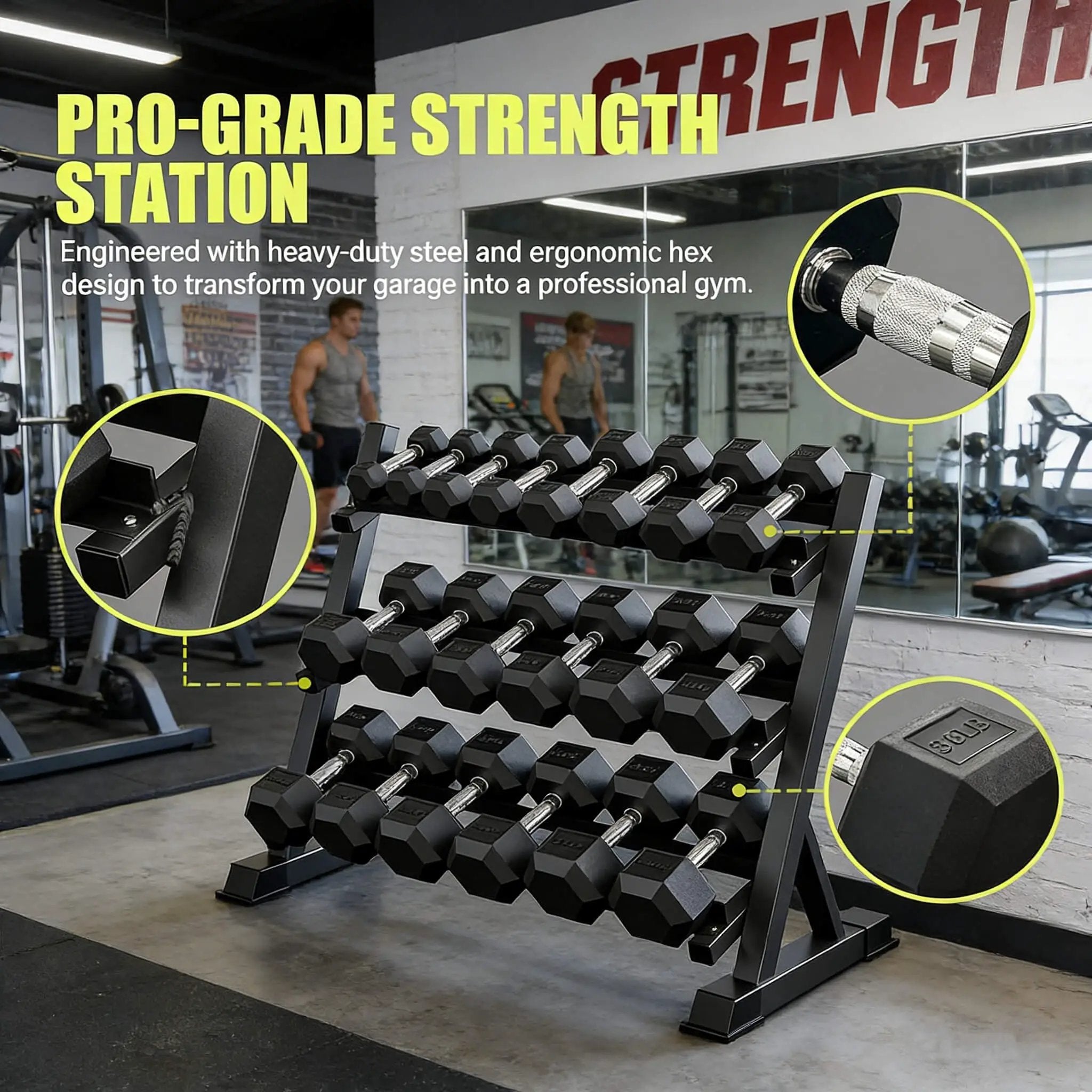 Rovix 450-Pounds Rubber Hex Dumbbell Set With Rack (SAK90714) by SAKSBY WHOLESALE