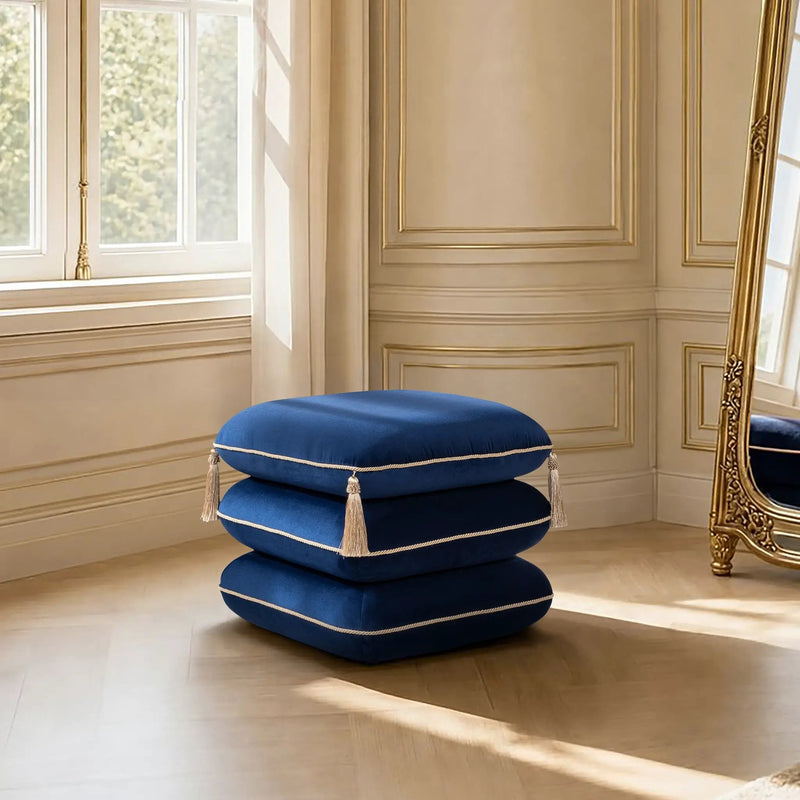 Monarch 19.5" Squared Upholstered Ottoman with Bullion Fringe by HouseOfZazla