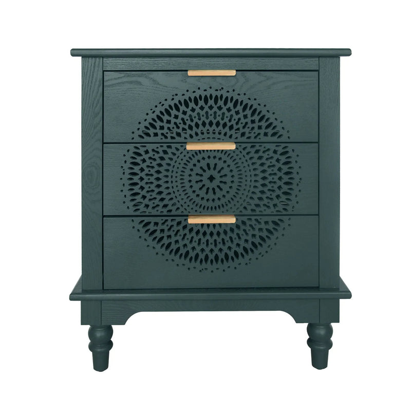 Hollow Carved 3 Drawer Dresser With Metal Handles, Storage Chest For Living Room Or Bedroom - Blackish Green by Unique Piece Furniture