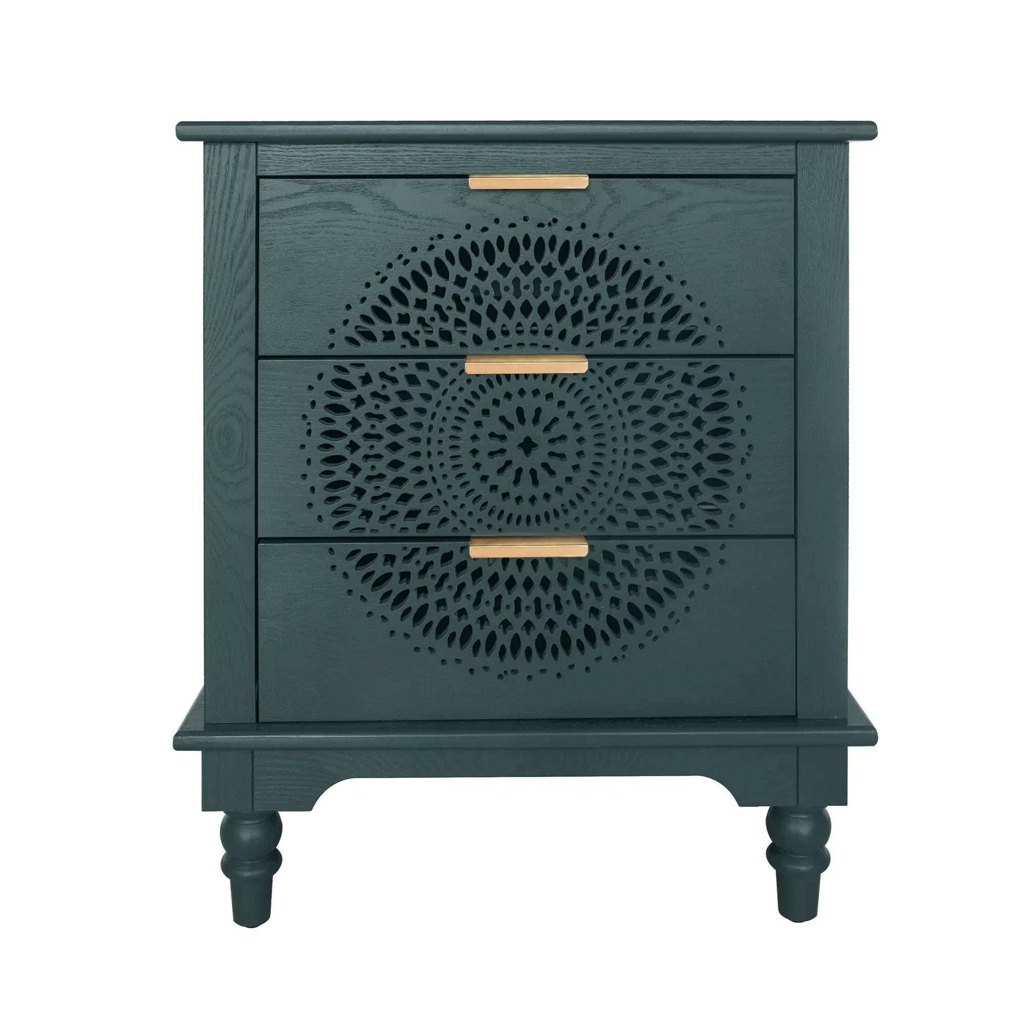Hollow Carved 3 Drawer Dresser With Metal Handles, Storage Chest For Living Room Or Bedroom - Blackish Green by HouseOfZazla