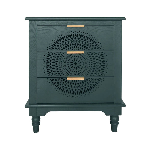 Hollow Carved 3 Drawer Dresser With Metal Handles, Storage Chest For Living Room Or Bedroom - Blackish Green