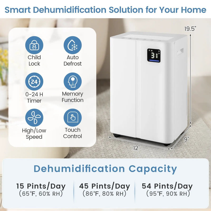 4500 Sq.Ft 54 Pints Dehumidifier with 3 Modesfor Home and Basement-White by DirectDeals