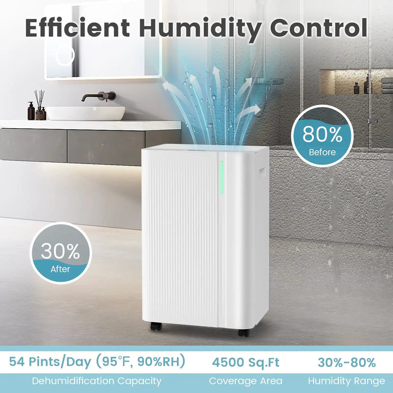 4500 Sq.Ft 54 Pints Dehumidifier with Drain Hose for Home-White by DirectDeals
