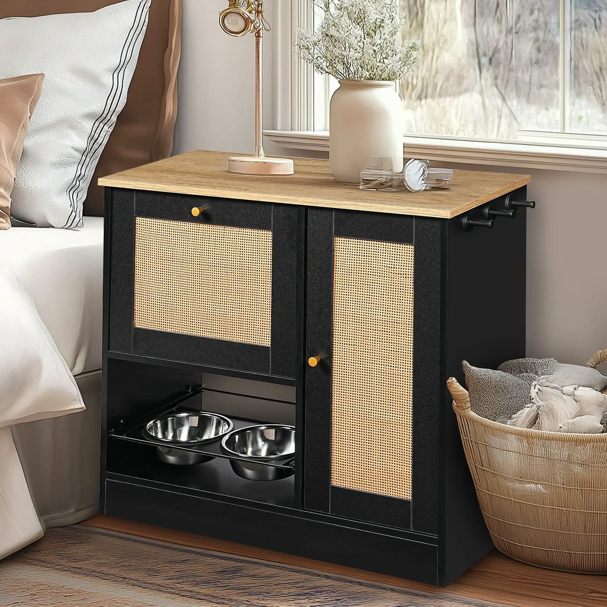 Feeding Station with 2 Lockers and Elevated Bowls Black by HouseOfZazla