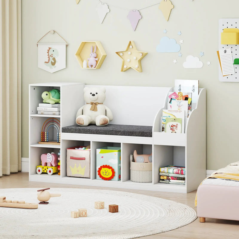 Kids Bookcase with Reading Nook 3-in-1 Standing Toy Organizer-White by DirectDeals