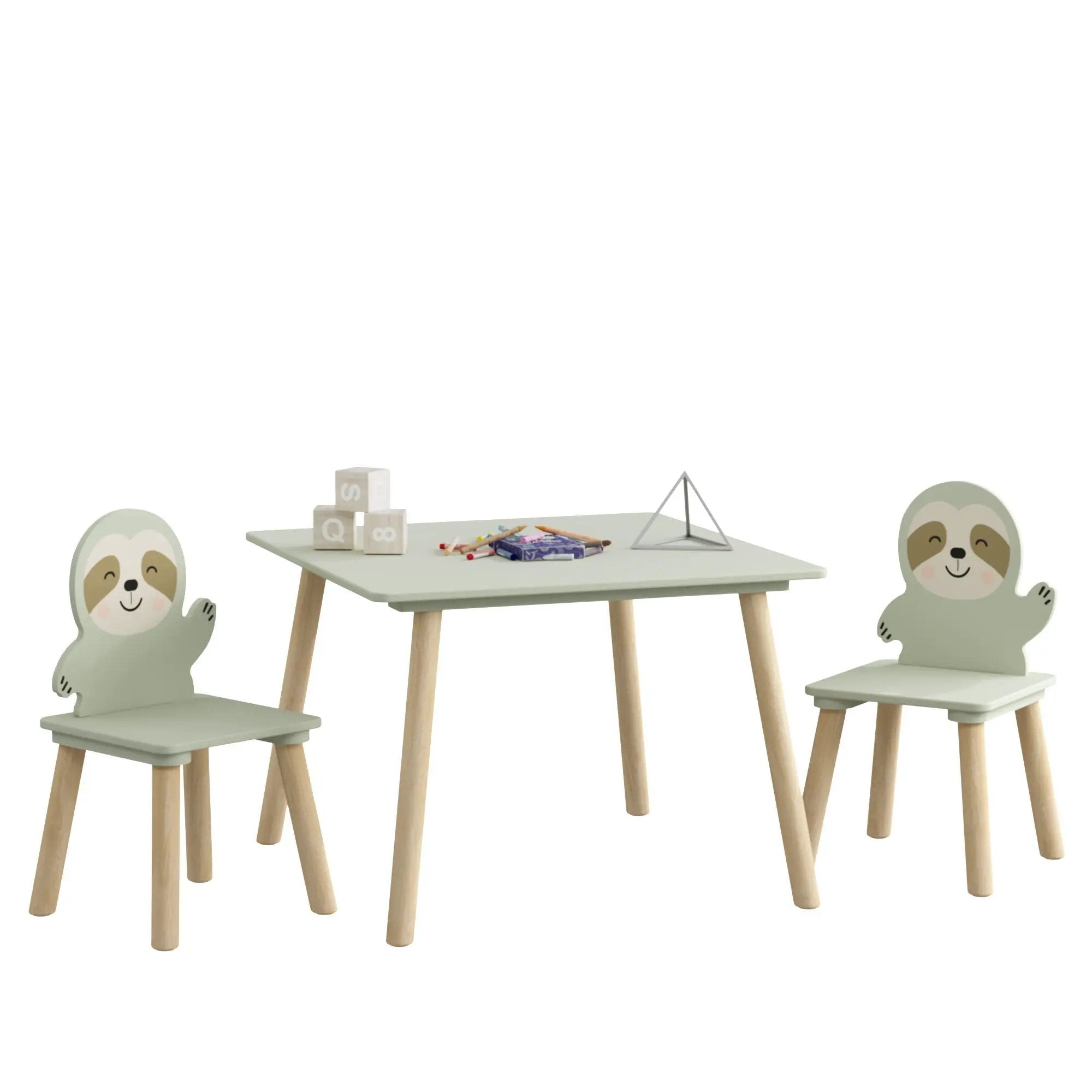 Sloth Themed Table And Chair Set With 2 Cute Animal Chairs - Natural Wood / Sage Green by HouseOfZazla
