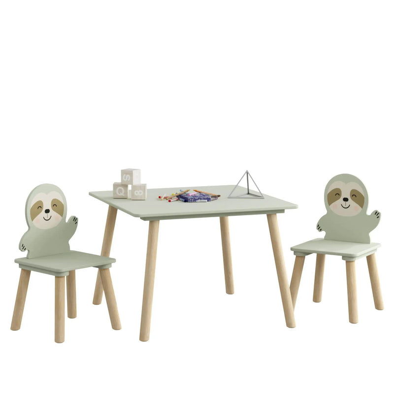 Sloth Themed Table And Chair Set With 2 Cute Animal Chairs - Natural Wood / Sage Green by HouseOfZazla