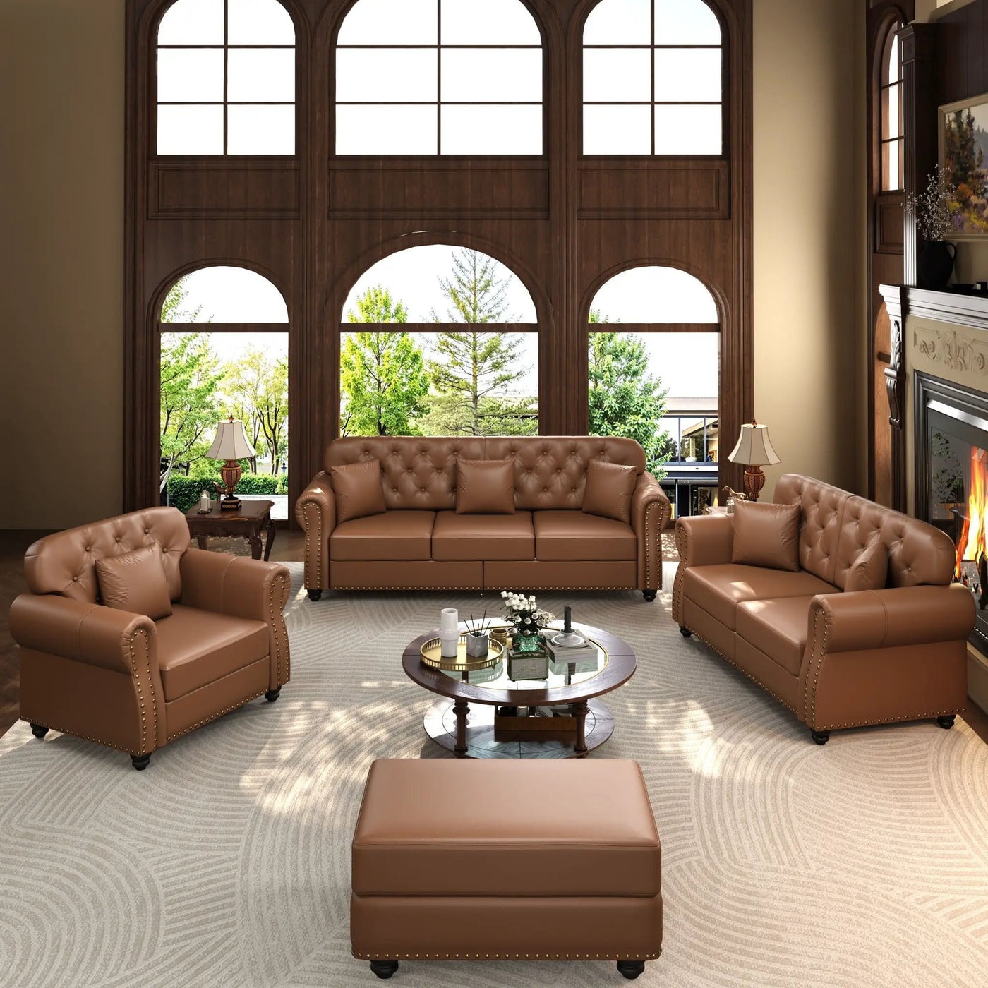 Upholstered Sofa With Nailhead Trim, Rolled Armrests With Ottoman by HouseOfZazla