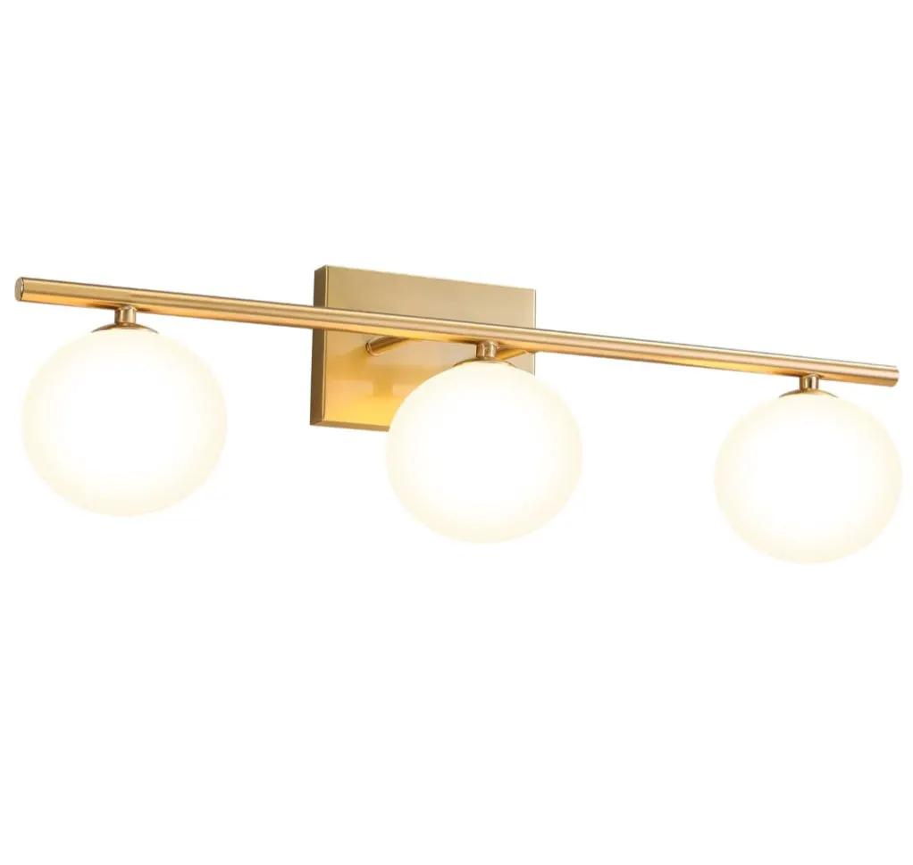 Gold Bathroom Vanity Light Fixtures,3 Lights Brass Milk White Globe by Selzalot