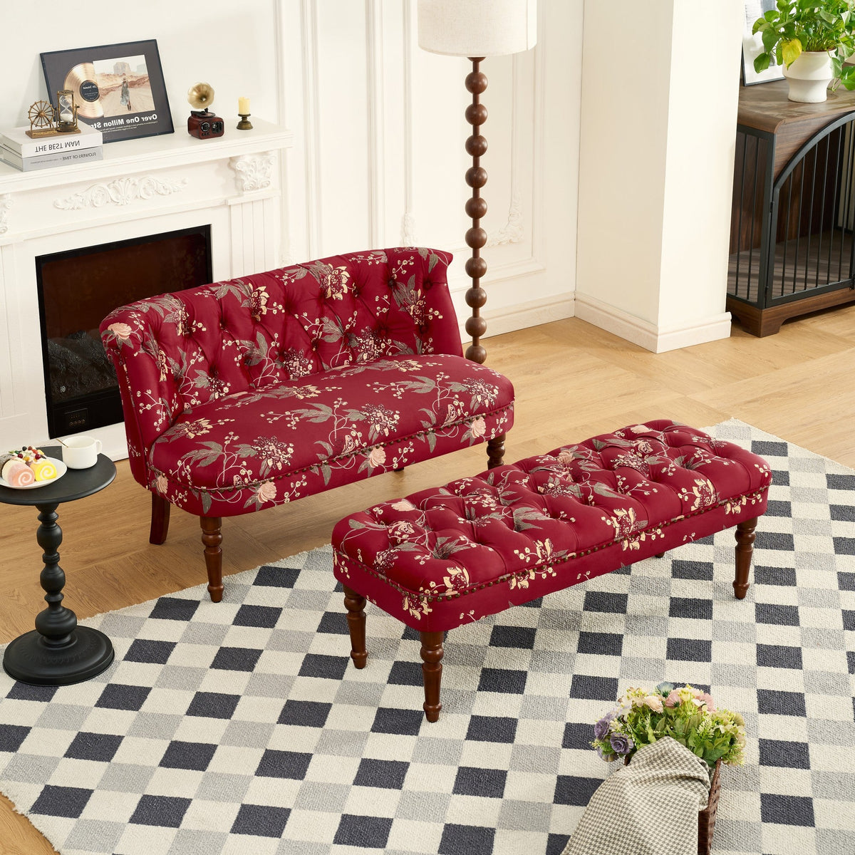 Floral Tufted Sofa Chair with Solid Wood Legs - Wine Red, Green, or Tiffany Blue, photo 4 of 10
