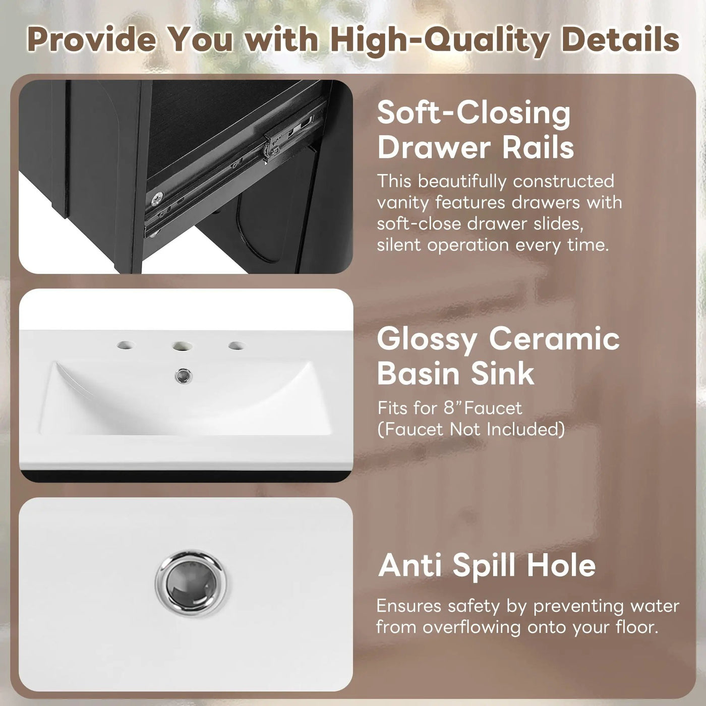 Floating Bathroom Vanity With Oval Knobs & Round Edge, Soft Close Drawer Slides by HouseOfZazla