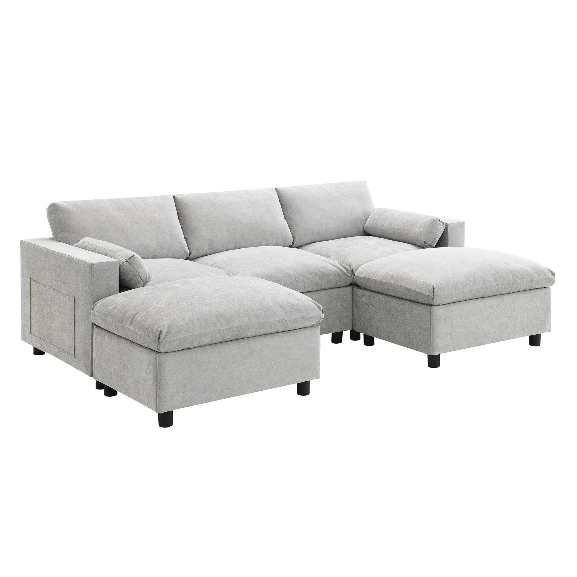 Modular Sectional With Storage Pockets, 5 Seat U Shaped Couch Set With Pillows, Free Combination Modern Cloud Sofa With 2 Movable Ottoman by HouseOfZazla