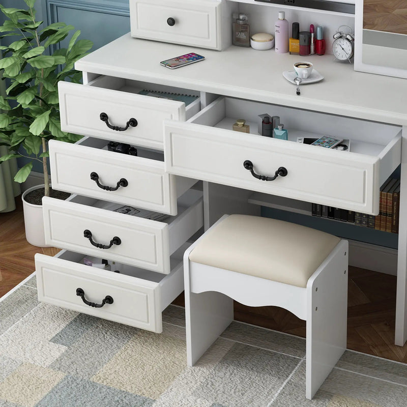 Fashion Vanity Desk With Mirror And Adjustable Lighting, 6 Drawers, 3 Color Light Modes - White by Unique Piece Furniture