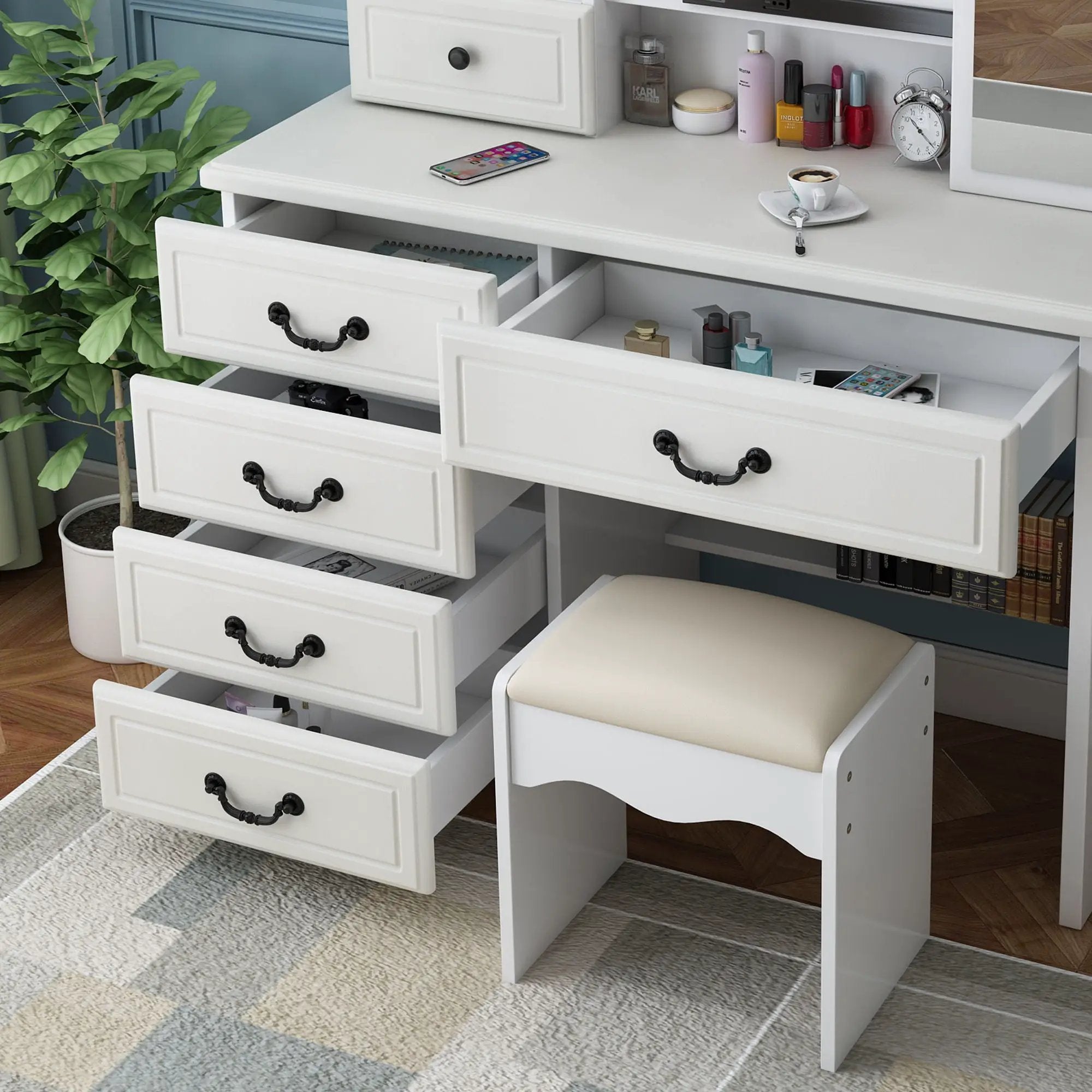 Fashion Vanity Desk With Mirror And Adjustable Lighting, 6 Drawers, 3 Color Light Modes - White by HouseOfZazla