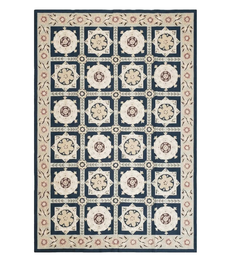 Vintage Chinese Needlepoint Rug 6x9, Panel Design Area Rug Wool Hand-Woven Black & Ivory Carpet Flat Weave Bedroom Rug 6 x 9 Living Room Rug by Jewel Rugs