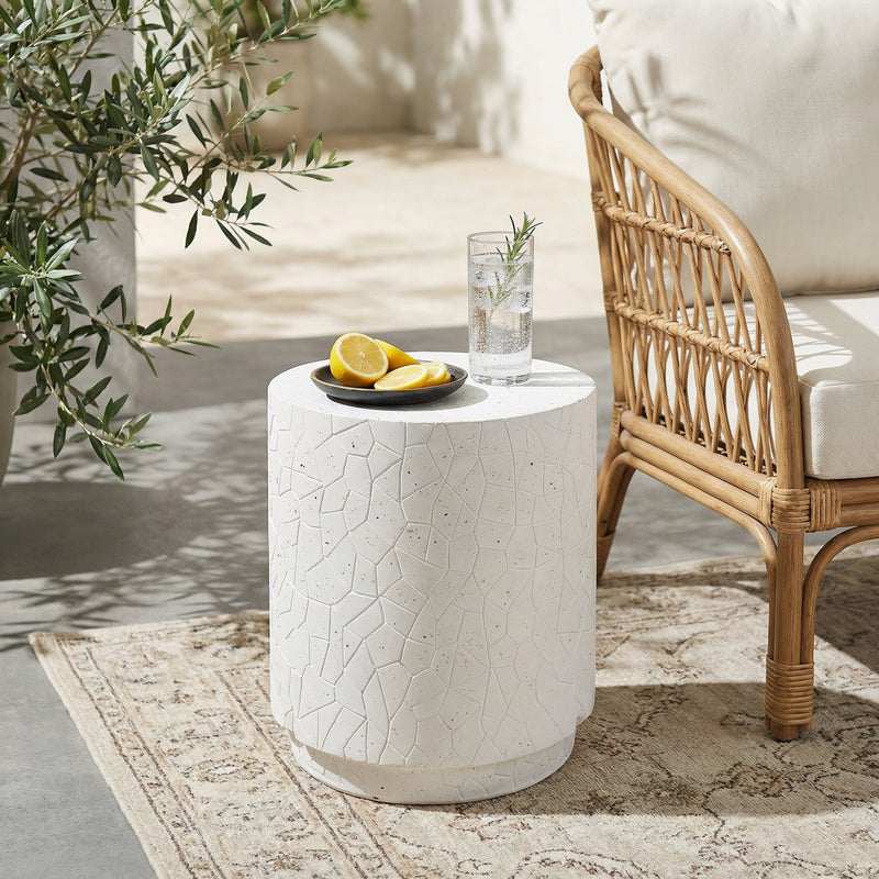 Terrazzo Concrete Drum End Table with Weather-Resistant Finish - White