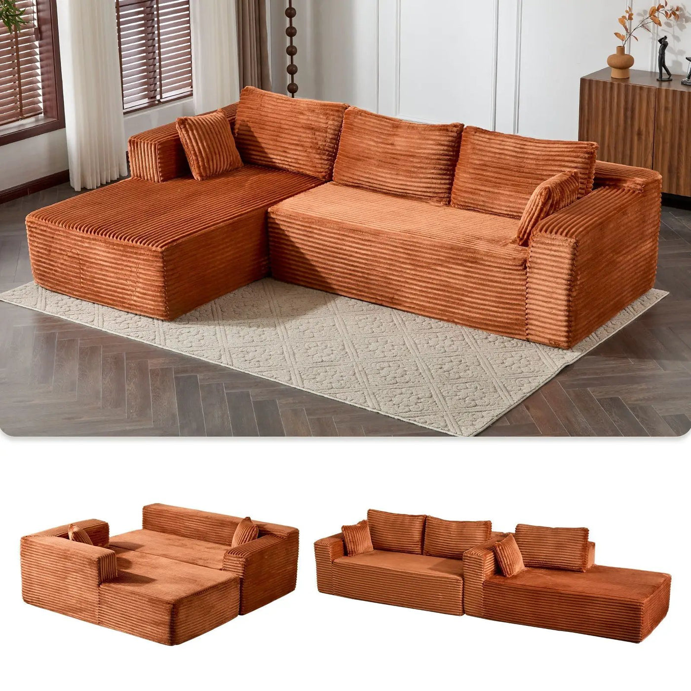 Compression Sectional Couch With Comfy Chaise, Boneless L Shape Sofa With Deep Seat by HouseOfZazla