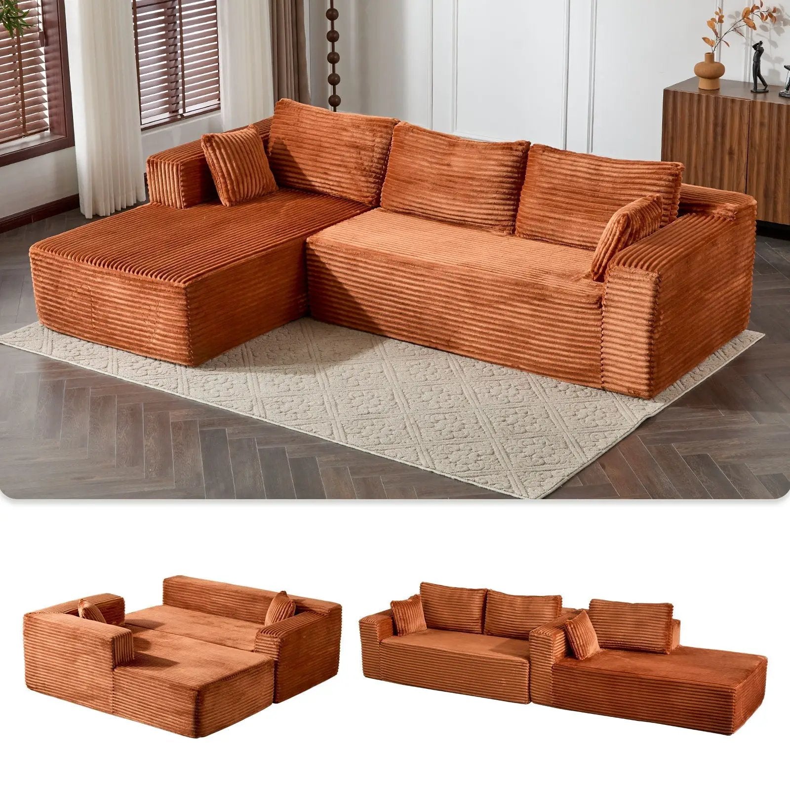 Compression Sectional Couch With Comfy Chaise, Boneless L Shape Sofa With Deep Seat by HouseOfZazla