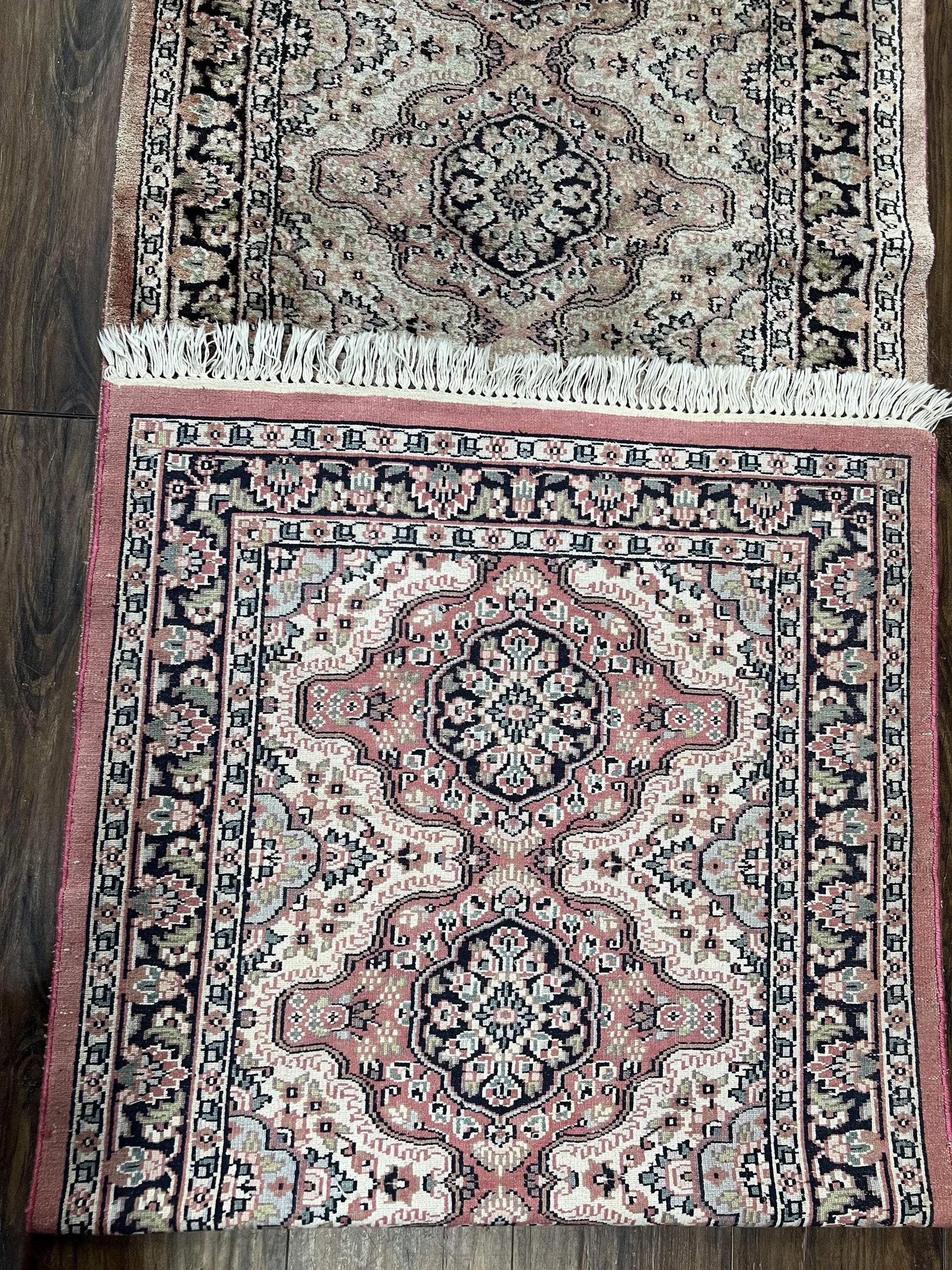 Silk Kashmiri Runner 2.7 x 10 ft Vintage Rug, Ivory Pastel Pink, Hand-Knotted Vintage Runner, Hallway Carpet, Indian Rug Medallion Runner by Jewel Rugs