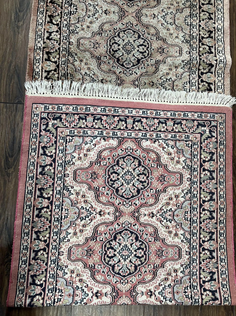 Silk Kashmiri Runner 2.7 x 10 ft Vintage Rug, Ivory Pastel Pink, Hand-Knotted Vintage Runner, Hallway Carpet, Indian Rug Medallion Runner by Jewel Rugs