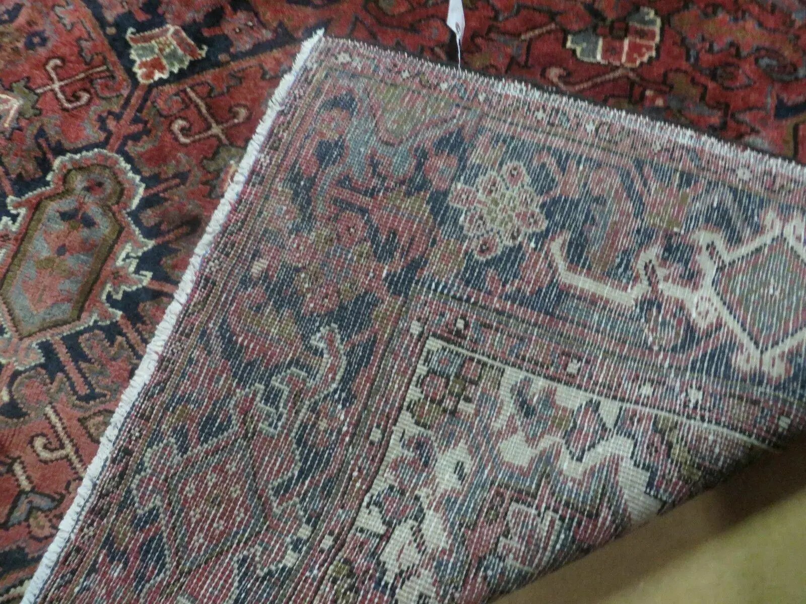 Persian Rug 8x11 Room Sized Heriz Carpet, Hand Knotted Wool Rug, Vintage Semi Antique, Geometric Medallion, Wine Red Cream Dark Blue, Wow by Jewel Rugs