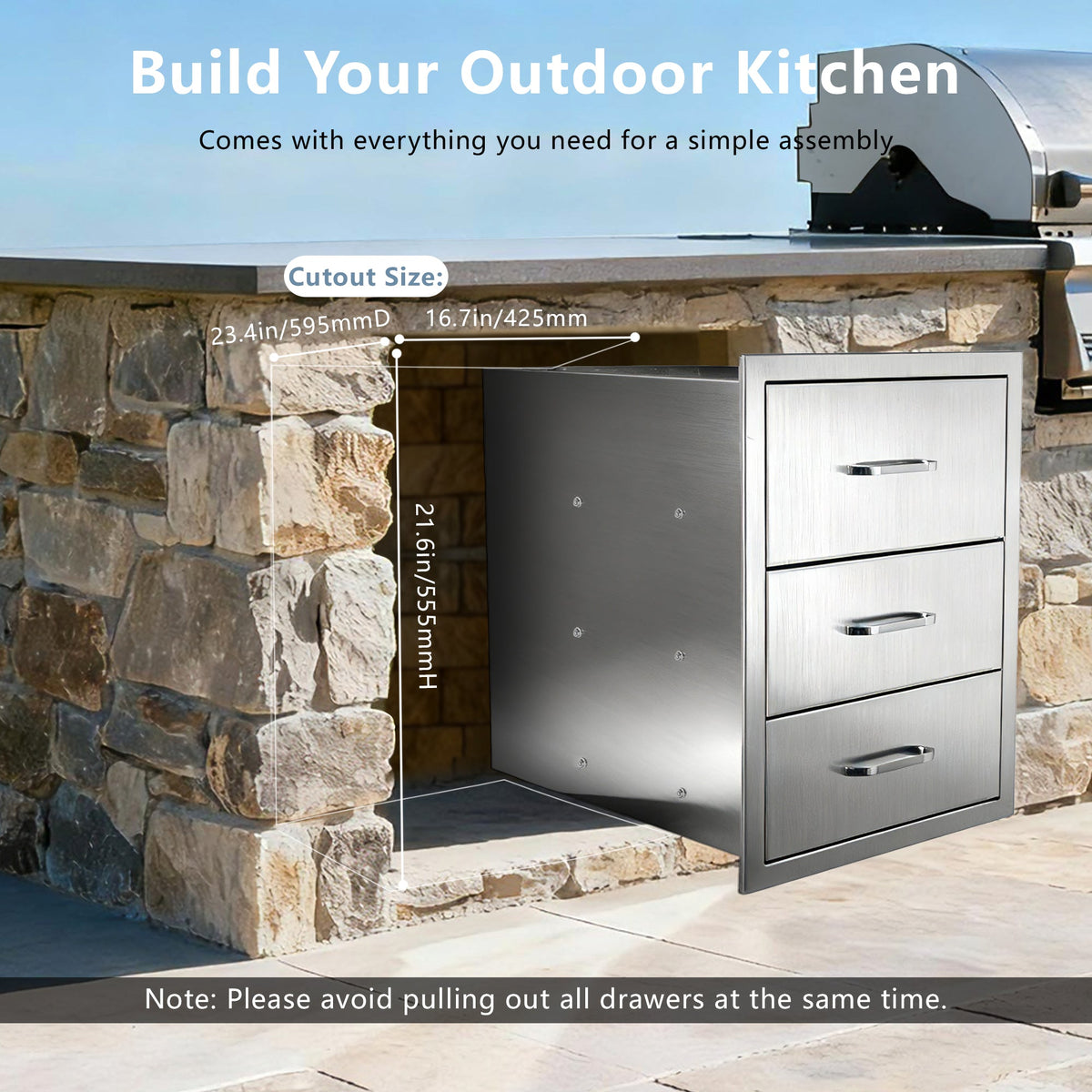 Outdoor Kitchen Drawers Stainless Steel, Flush Mount Triple Drawer,  18Wx23Hx23D with Stainless Steel Handle, BBQ Drawers for Outdoor Kitchens or BBQ Island, photo 4 of 10