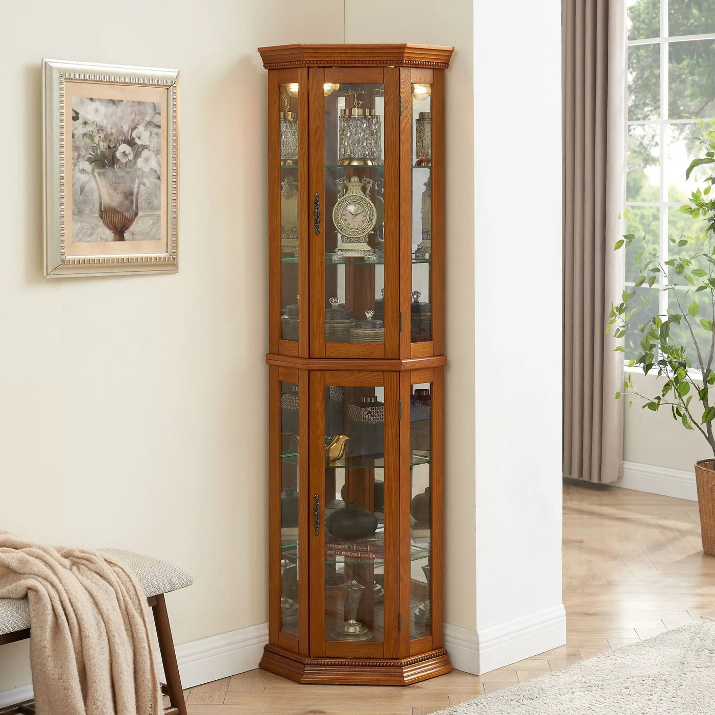 Corner Curio Cabinet With Lights, Adjustable Tempered Glass Shelves, Mirrored Back, Display Cabinet (E26 Light Bulb Not Included) by HouseOfZazla